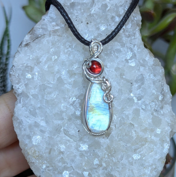 Rainbow Moonstone & Garnet Wire Wrapped Pendant in Sterling Silver