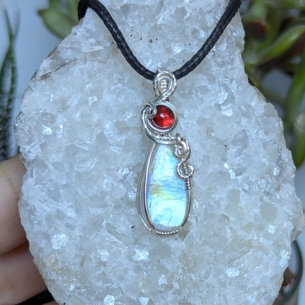 Rainbow Moonstone & Garnet Wire Wrapped Pendant in Sterling Silver