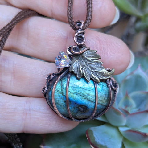 Labradorite Pumpkin Wire Wrapped Pendant in Oxidized Copper