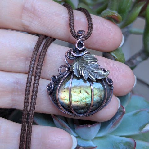 Labradorite Pumpkin Wire Wrapped Pendant in Oxidized Copper