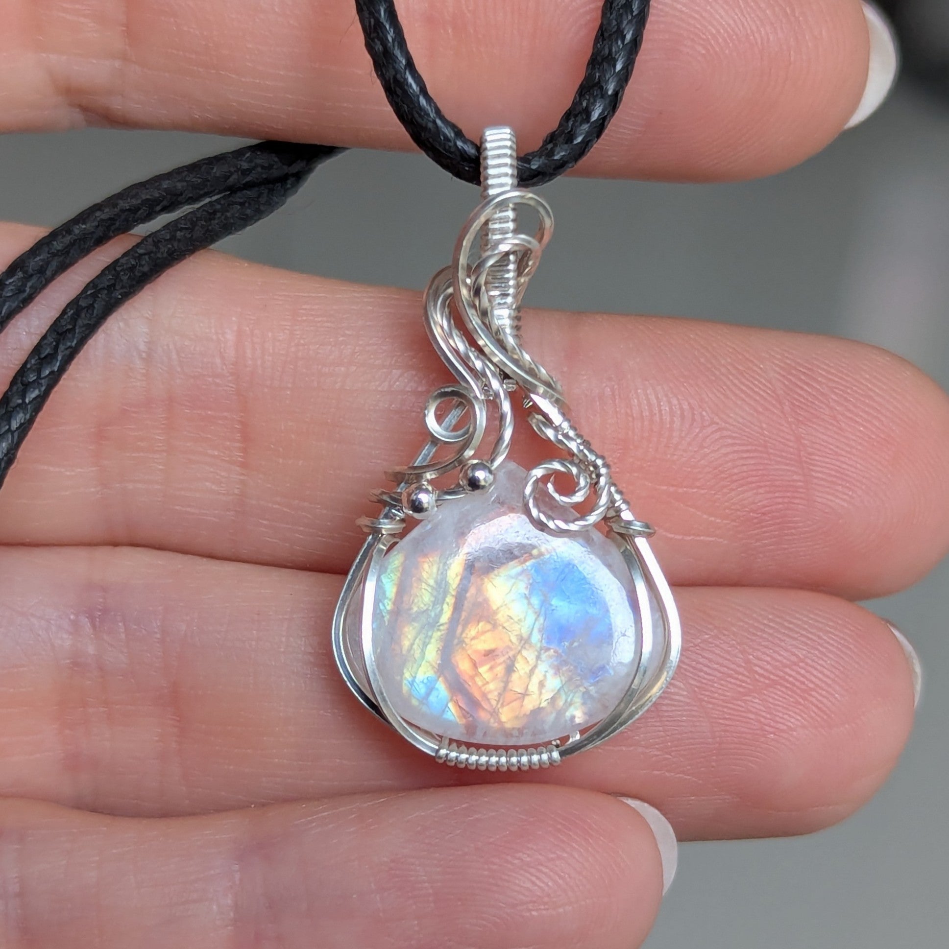 Rainbow Moonstone Wire Wrapped Mini Pendant in Sterling Silver