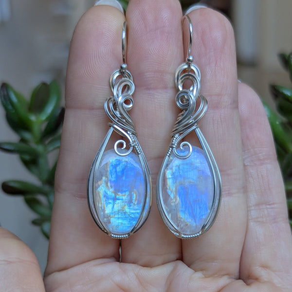 Rainbow Moonstone Wire Wrapped Earrings in Sterling Silver