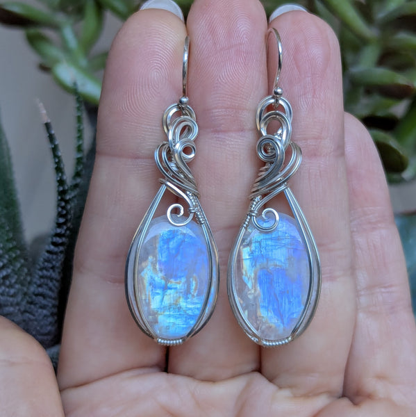 Rainbow Moonstone Wire Wrapped Earrings in Sterling Silver