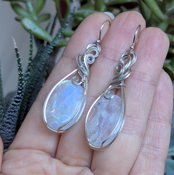 Rainbow Moonstone Wire Wrapped Earrings in Sterling Silver
