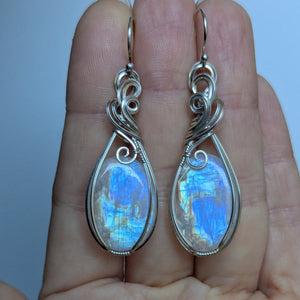 Rainbow Moonstone Wire Wrapped Earrings in Sterling Silver