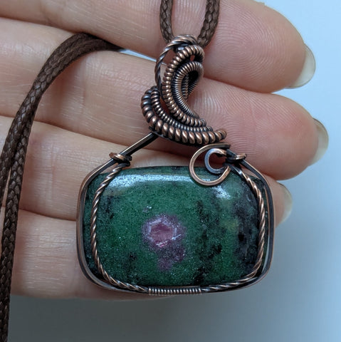 Ruby Zoisite Wire Wrapped Pendant in Oxidized Copper