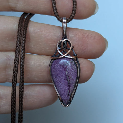 Stichtite Wire Wrapped Pendant in Oxidized Copper