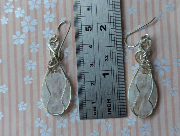 Rainbow Moonstone Wire Wrapped Earrings in Sterling Silver