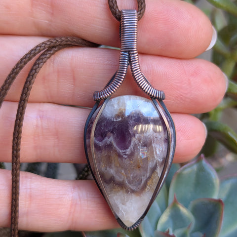 Chevron Amethyst Wire Wrapped Pendant in Oxidized Copper