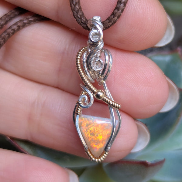 Solid Australian Opal Wire Wrapped Sterling Silver & Gold Mini Pendant