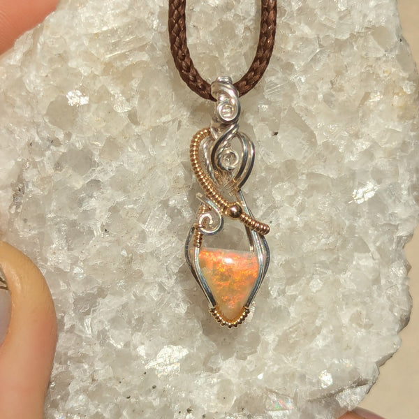 Solid Australian Opal Wire Wrapped Sterling Silver & Gold Mini Pendant