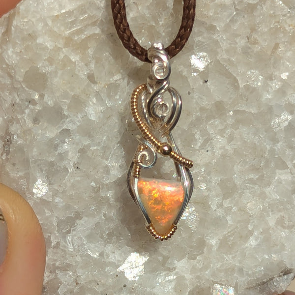 Solid Australian Opal Wire Wrapped Sterling Silver & Gold Mini Pendant