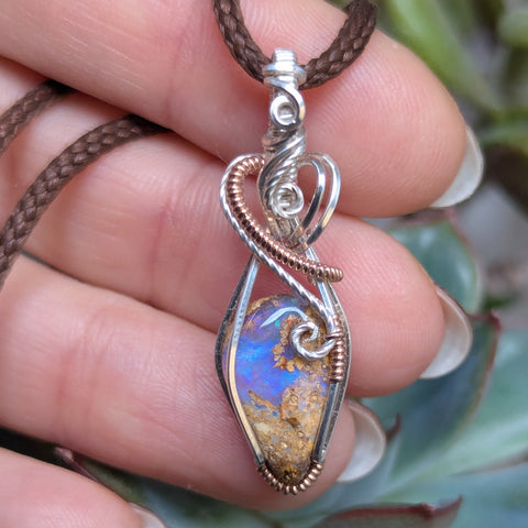 Solid Australian Pipe Opal Wire Wrapped Sterling Silver & Rose Gold Mini Pendant