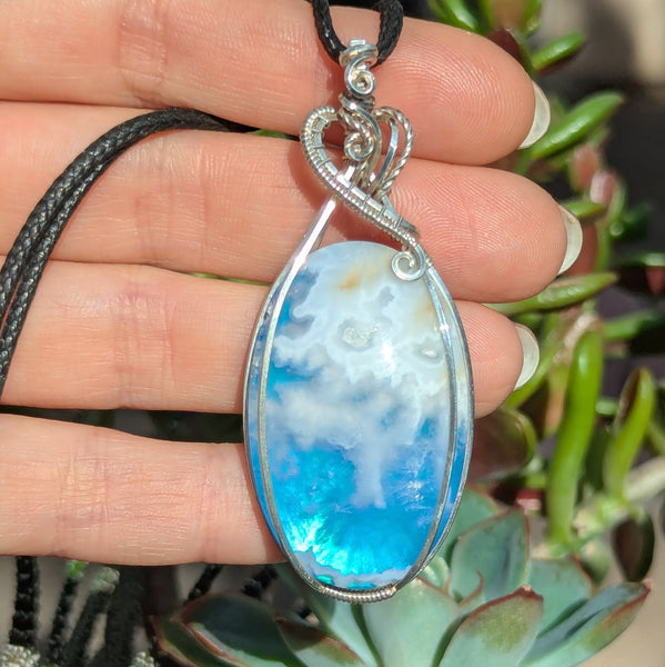 Plume Agate Doublet Wire Wrapped Pendant in Sterling Silver
