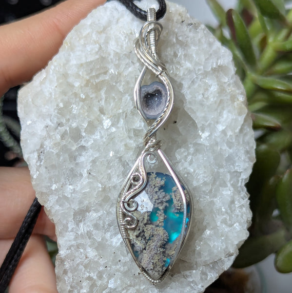 Moss Agate Doublet & Geode Wire Wrapped Pendant in Sterling Silver