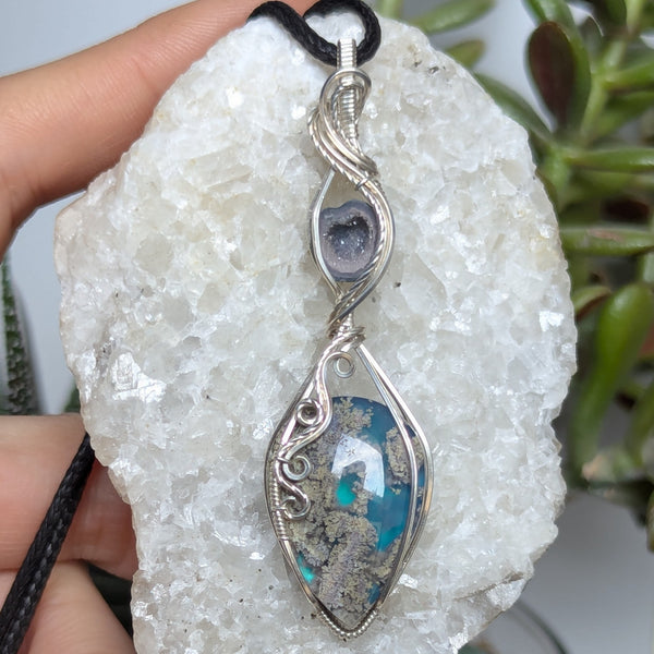 Moss Agate Doublet & Geode Wire Wrapped Pendant in Sterling Silver