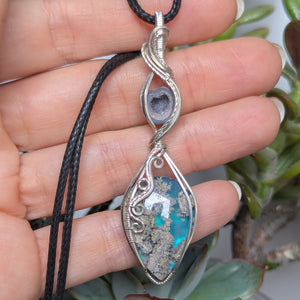 Moss Agate Doublet & Geode Wire Wrapped Pendant in Sterling Silver