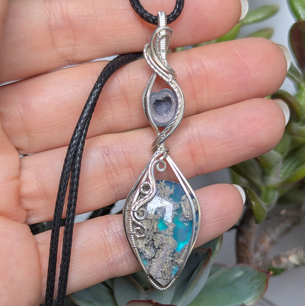 Moss Agate Doublet & Geode Wire Wrapped Pendant in Sterling Silver
