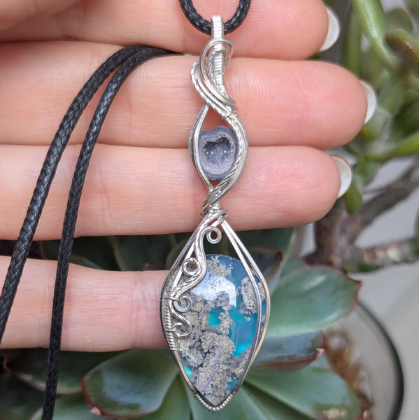Moss Agate Doublet & Geode Wire Wrapped Pendant in Sterling Silver
