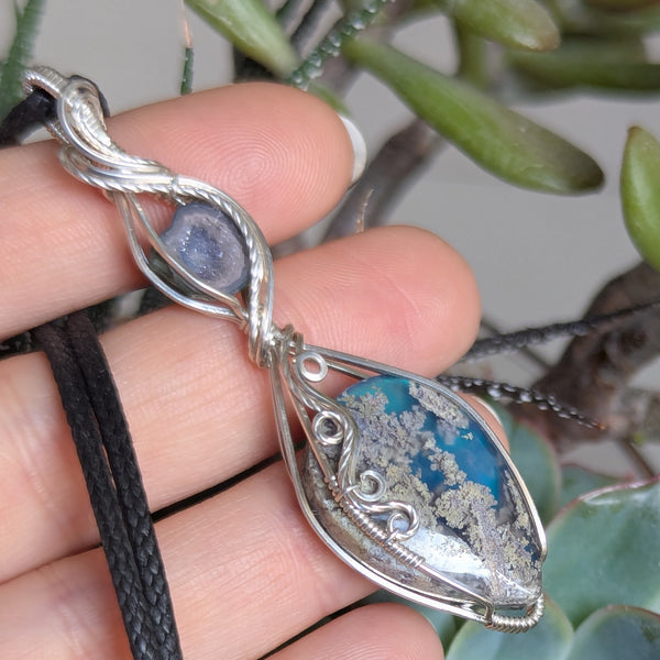 Moss Agate Doublet & Geode Wire Wrapped Pendant in Sterling Silver