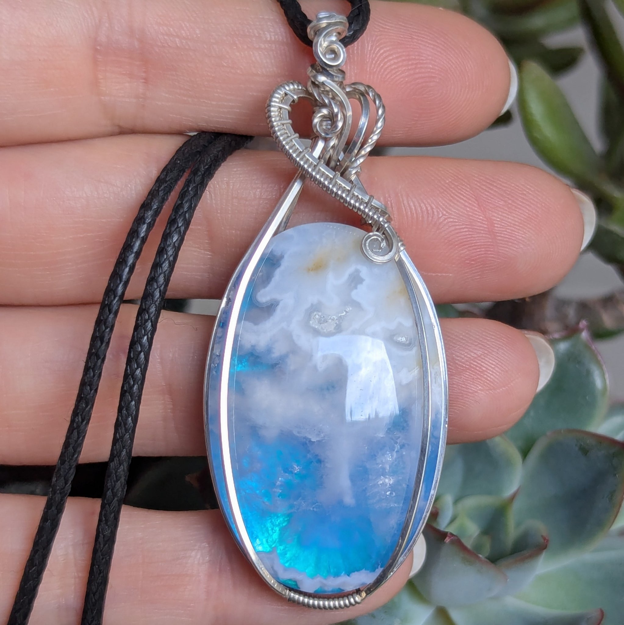 Plume Agate Doublet Wire Wrapped Pendant in Sterling Silver
