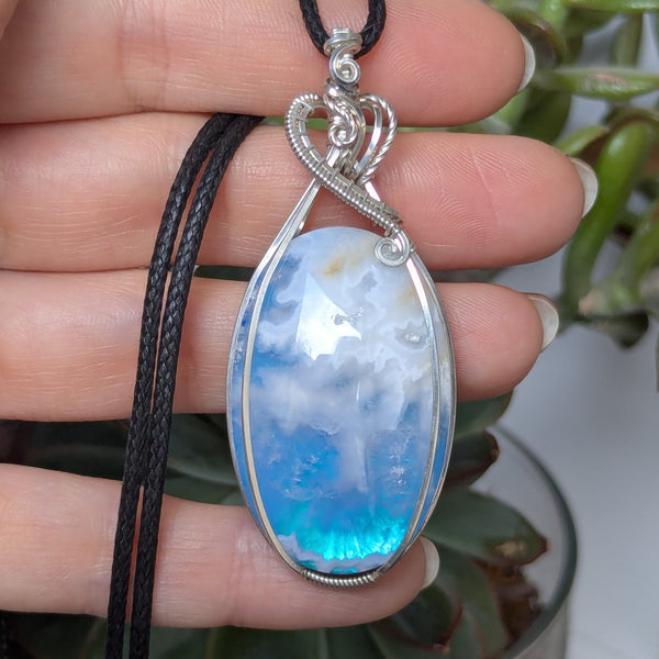 Plume Agate Doublet Wire Wrapped Pendant in Sterling Silver