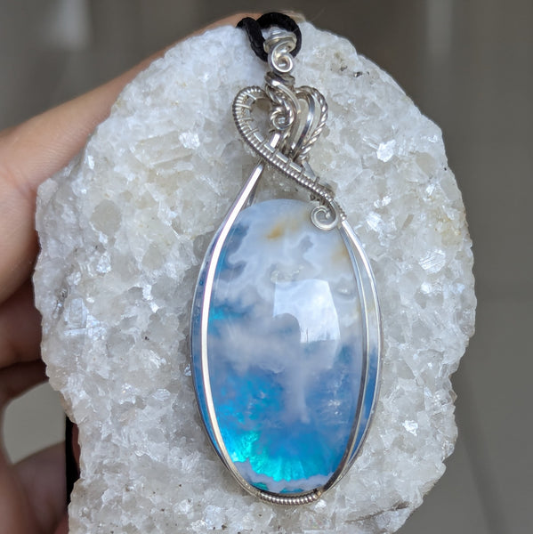 Plume Agate Doublet Wire Wrapped Pendant in Sterling Silver