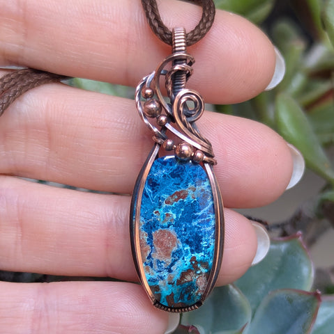 Azurite-Chrysocolla Wire Wrapped Pendant in Oxidized Copper