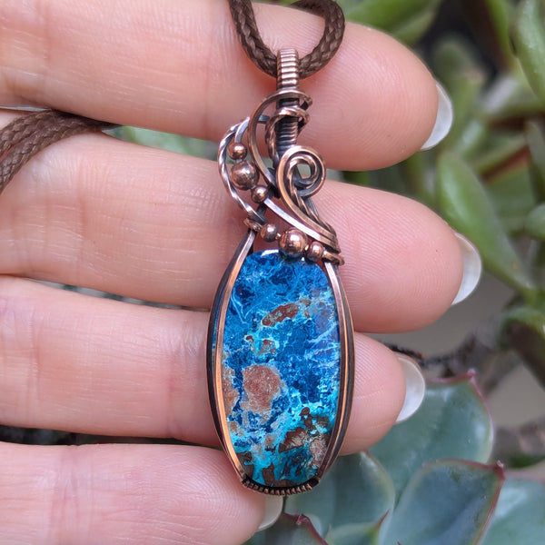 Azurite-Chrysocolla Wire Wrapped Pendant in Oxidized Copper