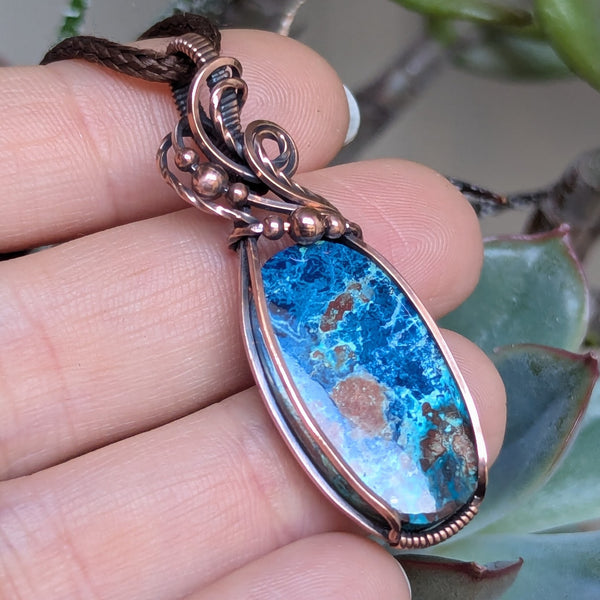 Azurite-Chrysocolla Wire Wrapped Pendant in Oxidized Copper