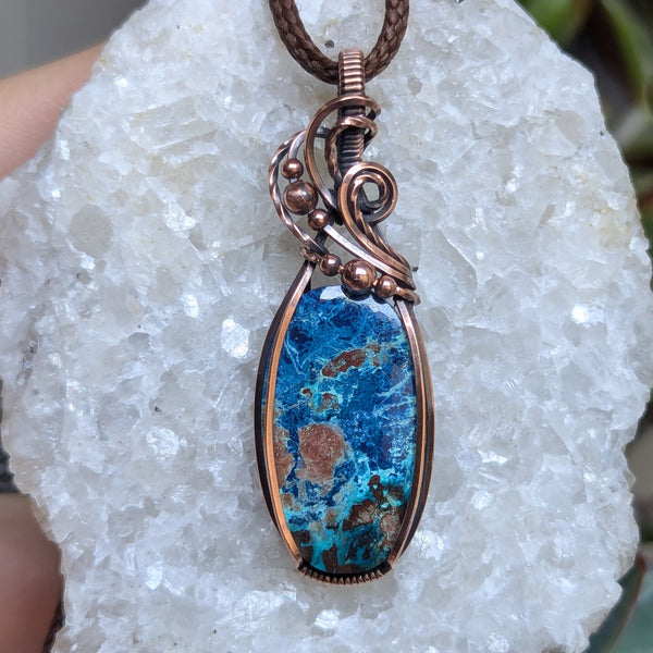 Azurite-Chrysocolla Wire Wrapped Pendant in Oxidized Copper