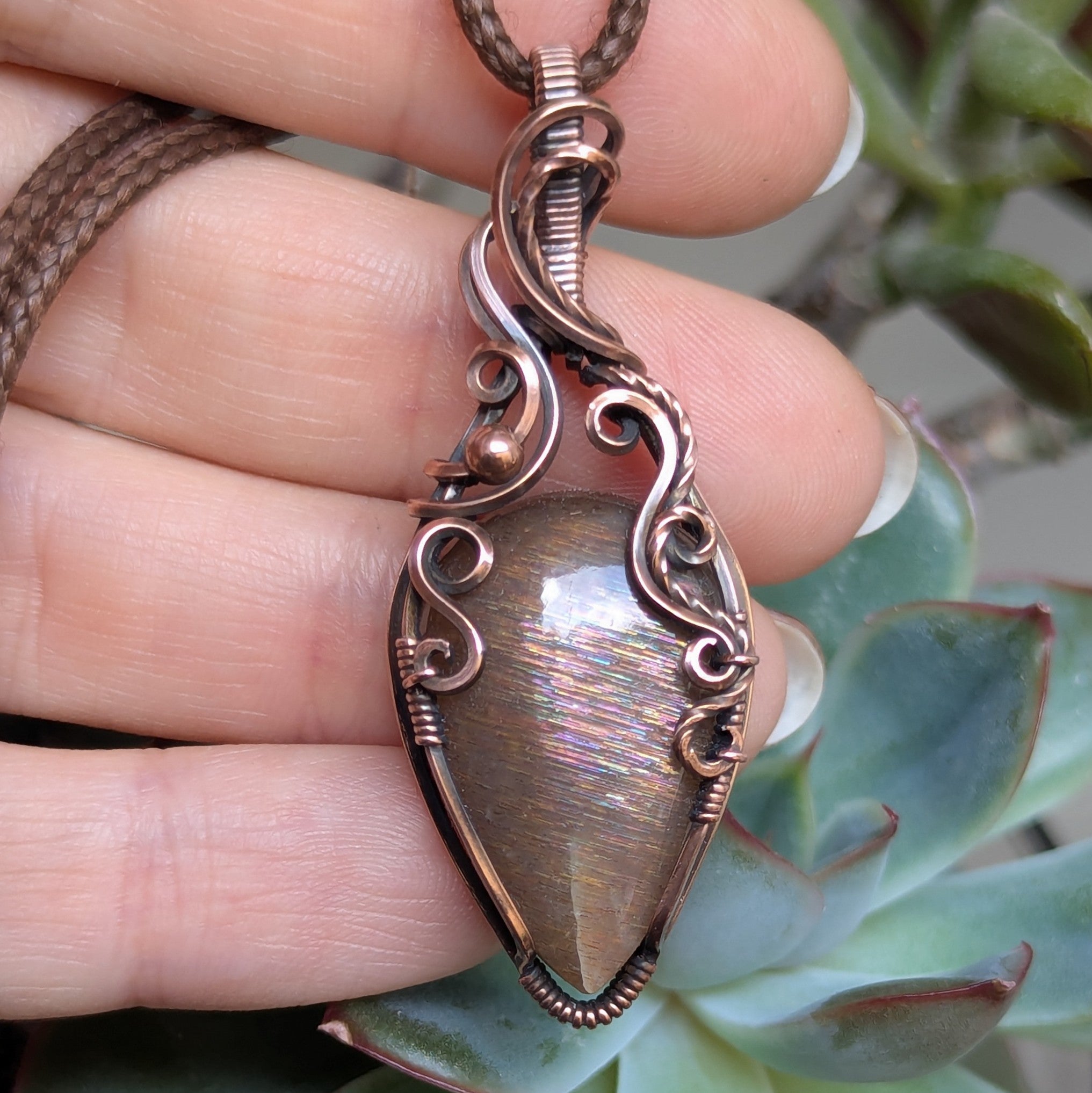 Sunstone Wire Wrapped Pendant in Oxidized Copper