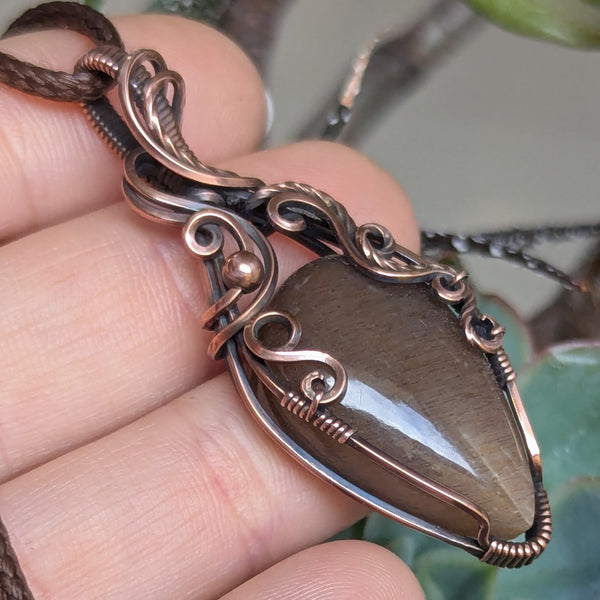 Sunstone Wire Wrapped Pendant in Oxidized Copper
