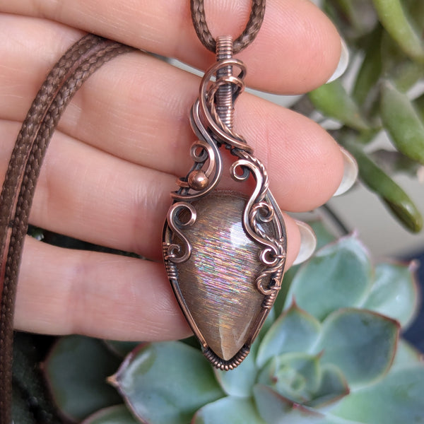 Sunstone Wire Wrapped Pendant in Oxidized Copper