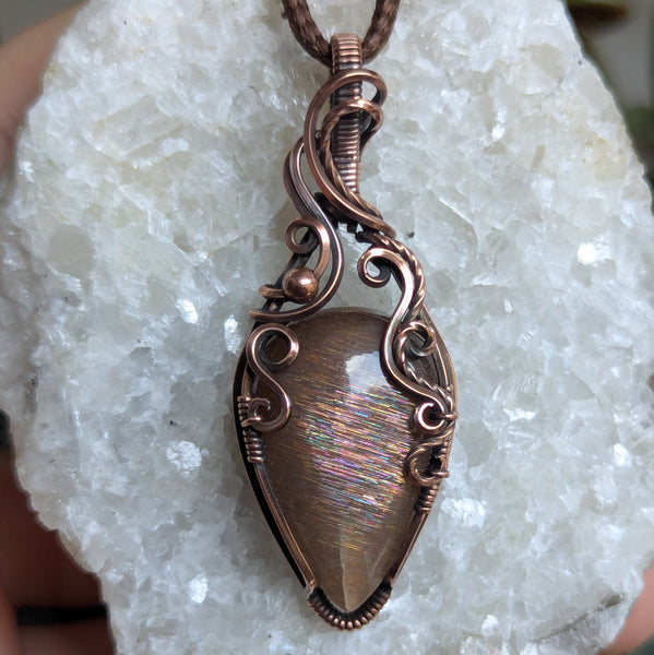 Sunstone Wire Wrapped Pendant in Oxidized Copper