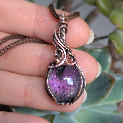 Tourmalinated Quartz Doublet Wire Wrapped Pendant in Oxidized Copper