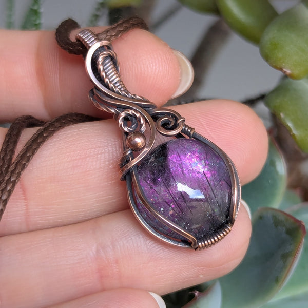 Tourmalinated Quartz Doublet Wire Wrapped Pendant in Oxidized Copper