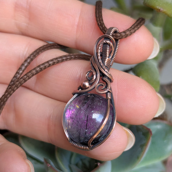 Tourmalinated Quartz Doublet Wire Wrapped Pendant in Oxidized Copper
