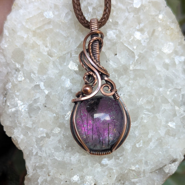 Tourmalinated Quartz Doublet Wire Wrapped Pendant in Oxidized Copper