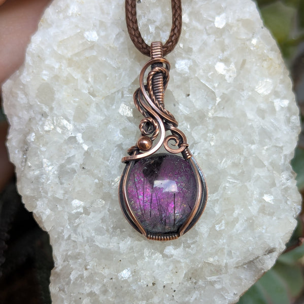 Tourmalinated Quartz Doublet Wire Wrapped Pendant in Oxidized Copper