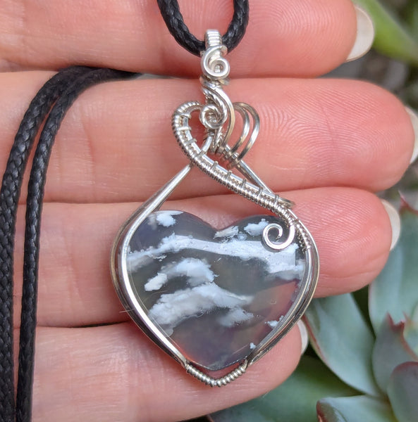 Plume Agate Doublet Heart Wire Wrapped Pendant in Sterling Silver