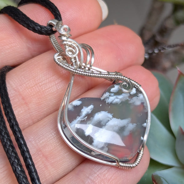 Plume Agate Doublet Heart Wire Wrapped Pendant in Sterling Silver