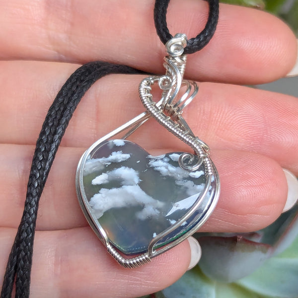 Plume Agate Doublet Heart Wire Wrapped Pendant in Sterling Silver