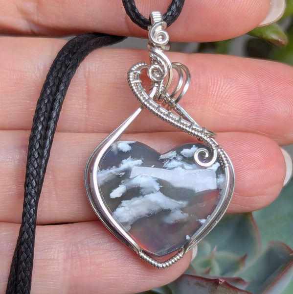 Plume Agate Doublet Heart Wire Wrapped Pendant in Sterling Silver