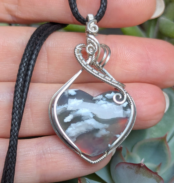 Plume Agate Doublet Heart Wire Wrapped Pendant in Sterling Silver
