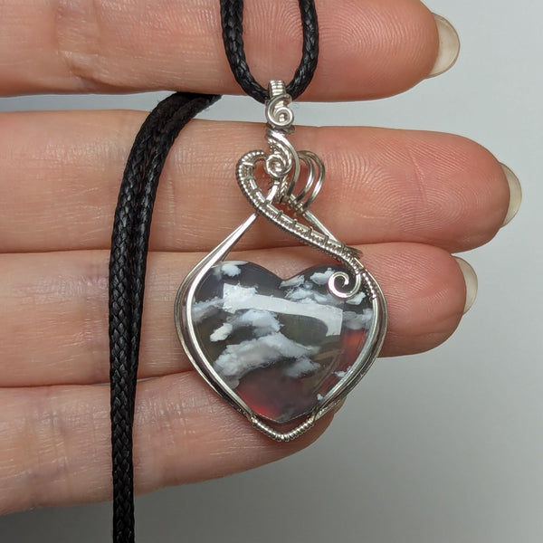 Plume Agate Doublet Heart Wire Wrapped Pendant in Sterling Silver