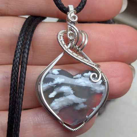 Plume Agate Doublet Heart Wire Wrapped Pendant in Sterling Silver