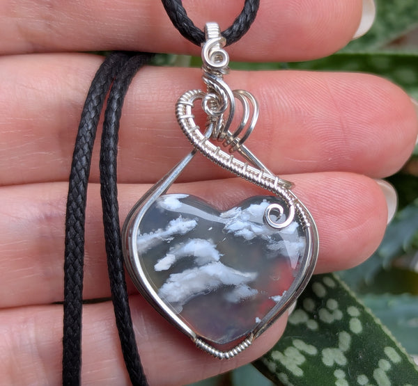 Plume Agate Doublet Heart Wire Wrapped Pendant in Sterling Silver