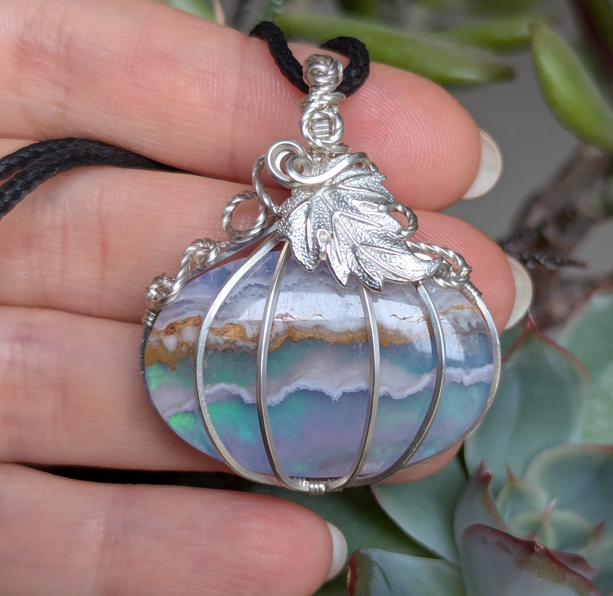 Plume Agate Doublet Pumpkin Wire Wrapped Pendant in Sterling Silver