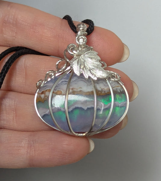 Plume Agate Doublet Pumpkin Wire Wrapped Pendant in Sterling Silver